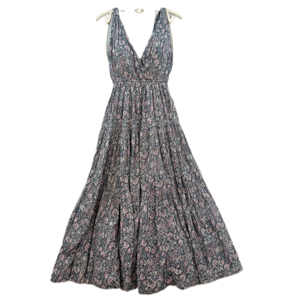 Lucky Brand Floral Cotton Maxi Dress Small Blue Pink Tiered V-Neck Boho
